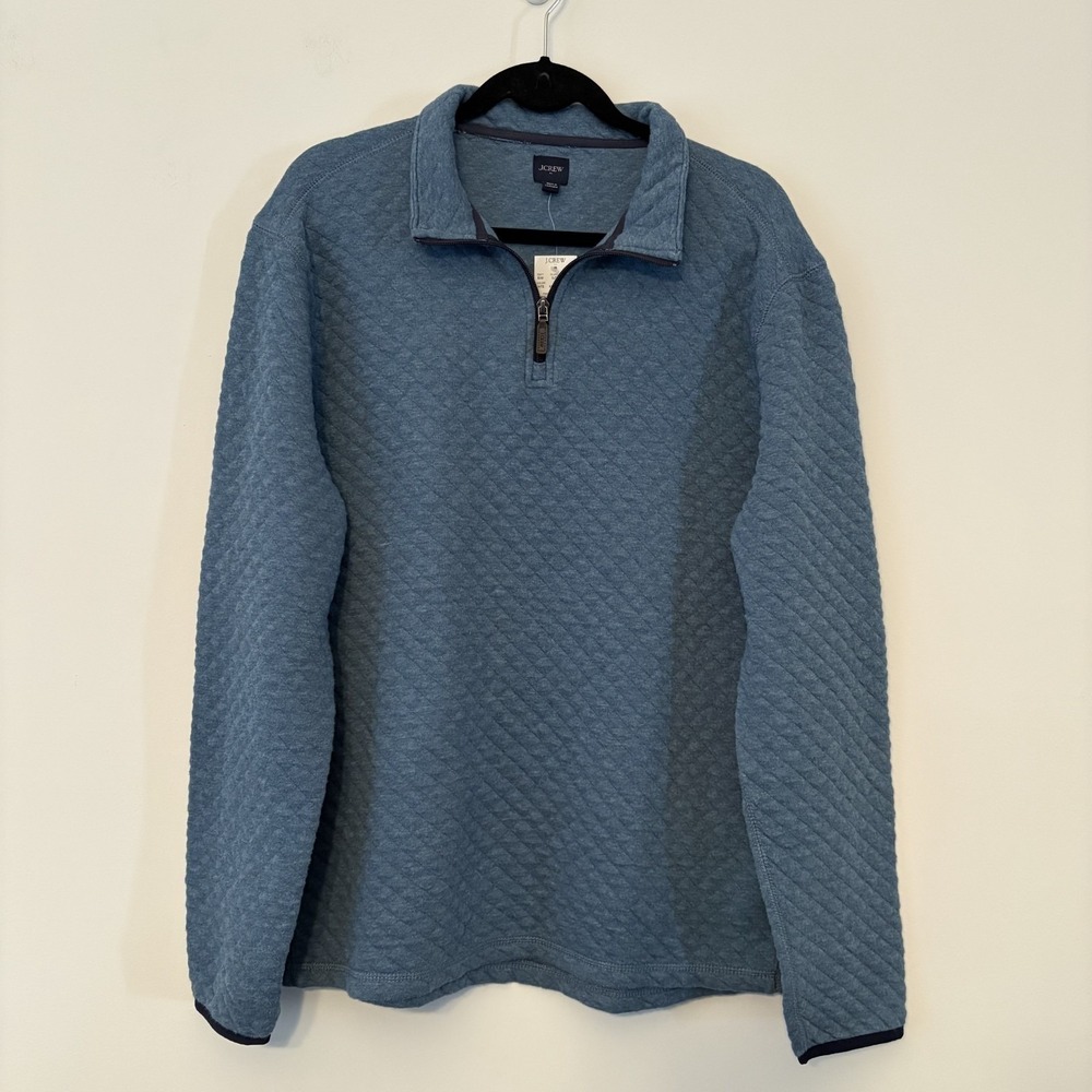 NWT J Crew Mens Quilted Quarter Zip Cotton Pullover Blue XL Office Casual Preppy